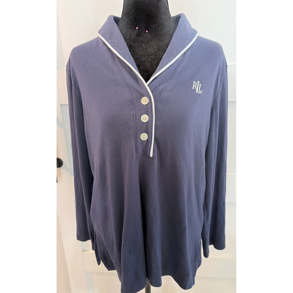 Lauren Ralph Lauren Womens Navy‎ Blue L/S Pajama Knit Top White Trim Logo XL
